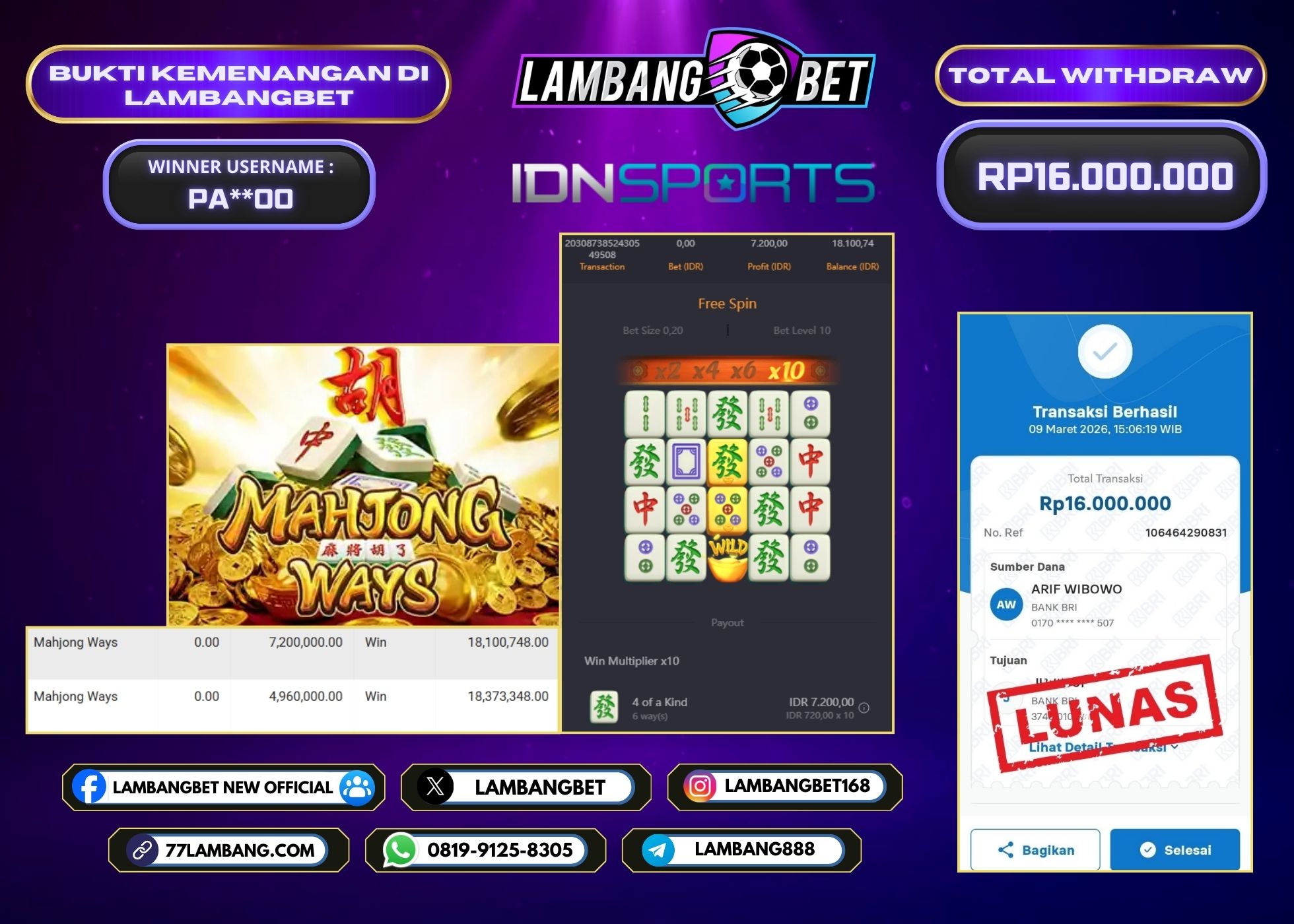 LAMBANGBET [9 MARET 2026] JACKPOT SLOT Starlight Princess 1000 "Rp16.000.000" LUNAS